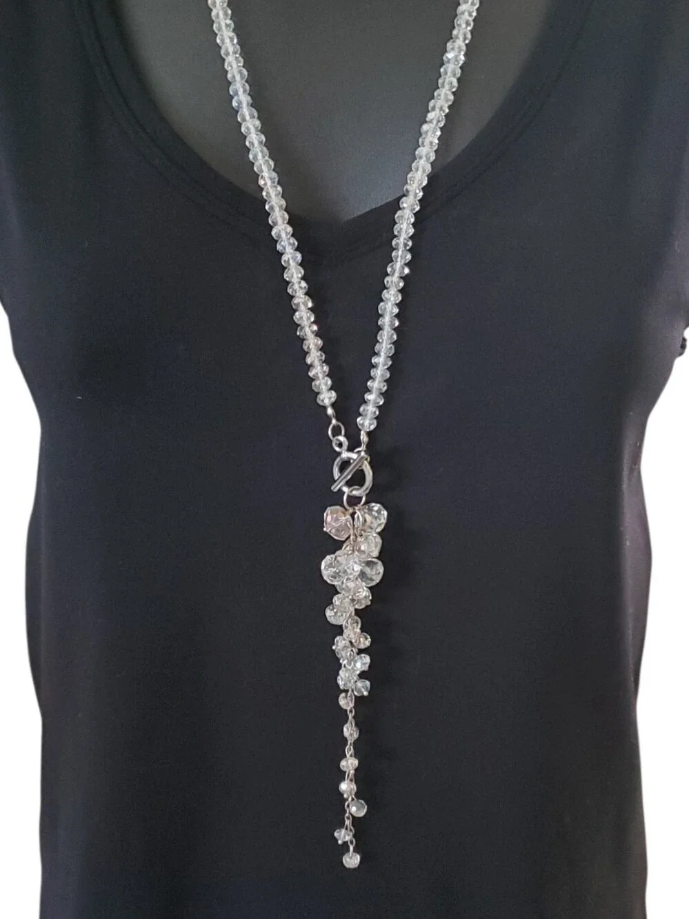Long Clear Beaded Crystal Look Pendant Necklace Silver Tone Statement NWOT